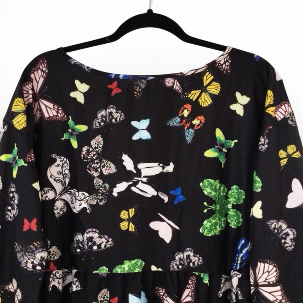 Colorful Butterfly Print Black Mini Dress – Long Sleeve V‑Neck, Size L/XL, NWOT - Picture 8 of 12